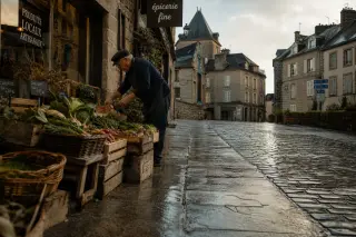 Elderly artisan arranges produce outside a stone shop on a damp cobbled street in Ussel at sunrise.