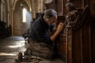Artisan restoring carved wood in a sunlit stone corridor inside a historic abbey, with warm morning light and a peaceful, contemplative mood.