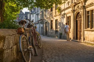 Two bicycles resting against a stone wall on a cobbled street, with a local pausing to look at an old carved doorway, bathed in late afternoon sunlight.