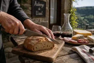 Elderly hands slicing bread on a wooden table set with cheese and wine outside a stone inn near Ussel in morning light.
