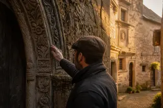 Artisan exploring old stone doorway with Renaissance carvings in a sunlit Corrèze village alley, evoking hidden local heritage.