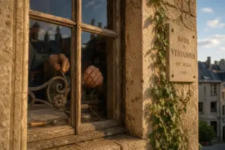 Hands of a local artisan restoring metalwork on a stone window of Hôtel de Ventadour, with historic textures and late afternoon light.
