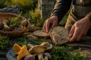 Hands of an artisan arranging local bread and wild mushrooms on a rustic table outdoors, ancient stone and greenery softly blurred behind, in warm, natural light.