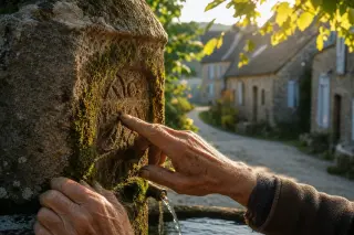 Close-up of an artisan's hands exploring moss-covered village fountain carvings, with sunlit stone cottages and a winding lane softly blurred in the background.