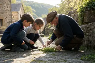 Three generations examining wildflowers in a quiet Haute Corrèze village street under gentle sunlight
