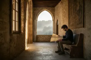Historian sketching a Roman eagle in a notebook, seated beside an old chapel in Ussel at dawn, misty background.