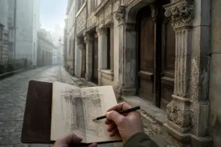 Close-up of a hand sketching architectural details of a Renaissance doorway on a misty cobbled street in Ussel, with ornate stonework softly lit by morning light.