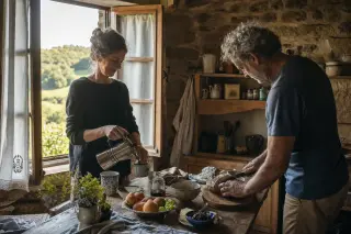 Rustic kitchen in an old stone gîte near Ussel, two locals sharing a peaceful breakfast in soft morning light