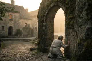 Elderly woman kneeling by a mossy stone archway in a rural village square at dawn, tracing a carving as soft sunlight and mist create a serene, timeless atmosphere.